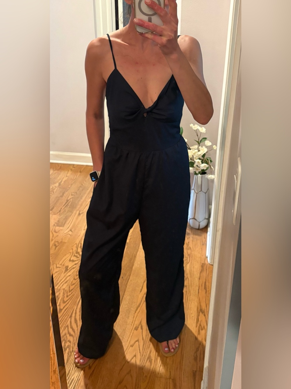 BCBGeneration Navy V-Neck Wide-Leg Jumpsuit with pockets